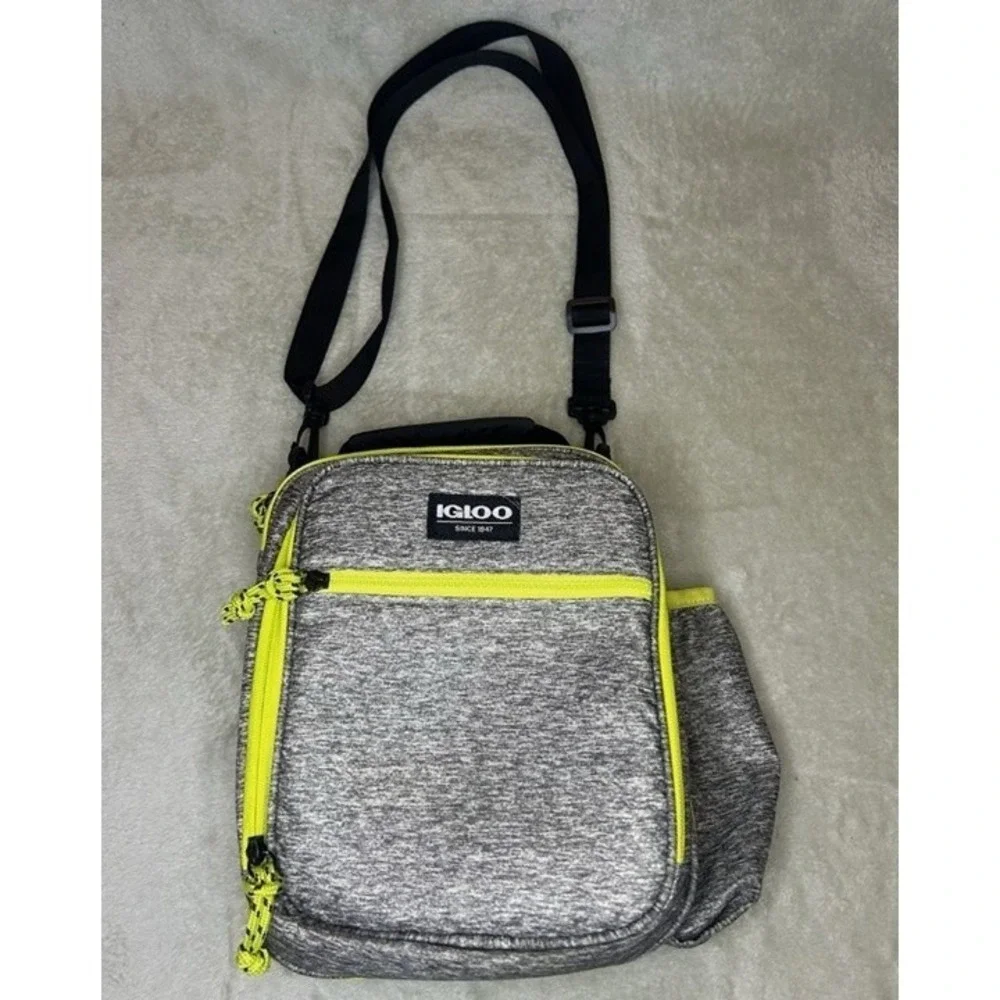 Igloo Insulated Lunch Bag Heather Gray Neon Yellow‎ Cooler Crossbody Strap